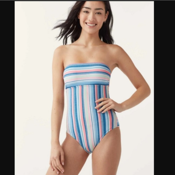 Splendid~Pink & Blue Striped Strapless Criss Cross Tie Back One Piece Swimsuit - Picture 2 of 16
